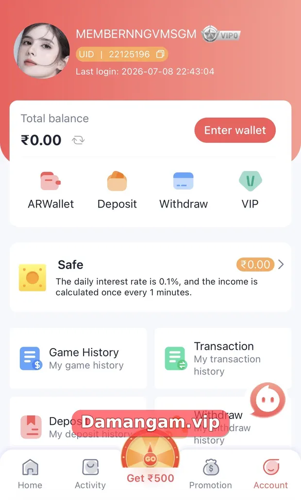 Daman Account tab with VIP0 badge next to the member name and a VIP shortcut beside Withdraw