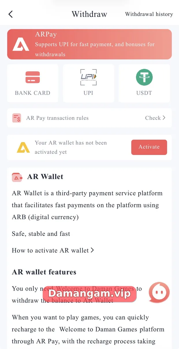 Daman Withdraw screen with ARPay banner, Bank Card, UPI and USDT options, AR Wallet not activated message and Activate button
