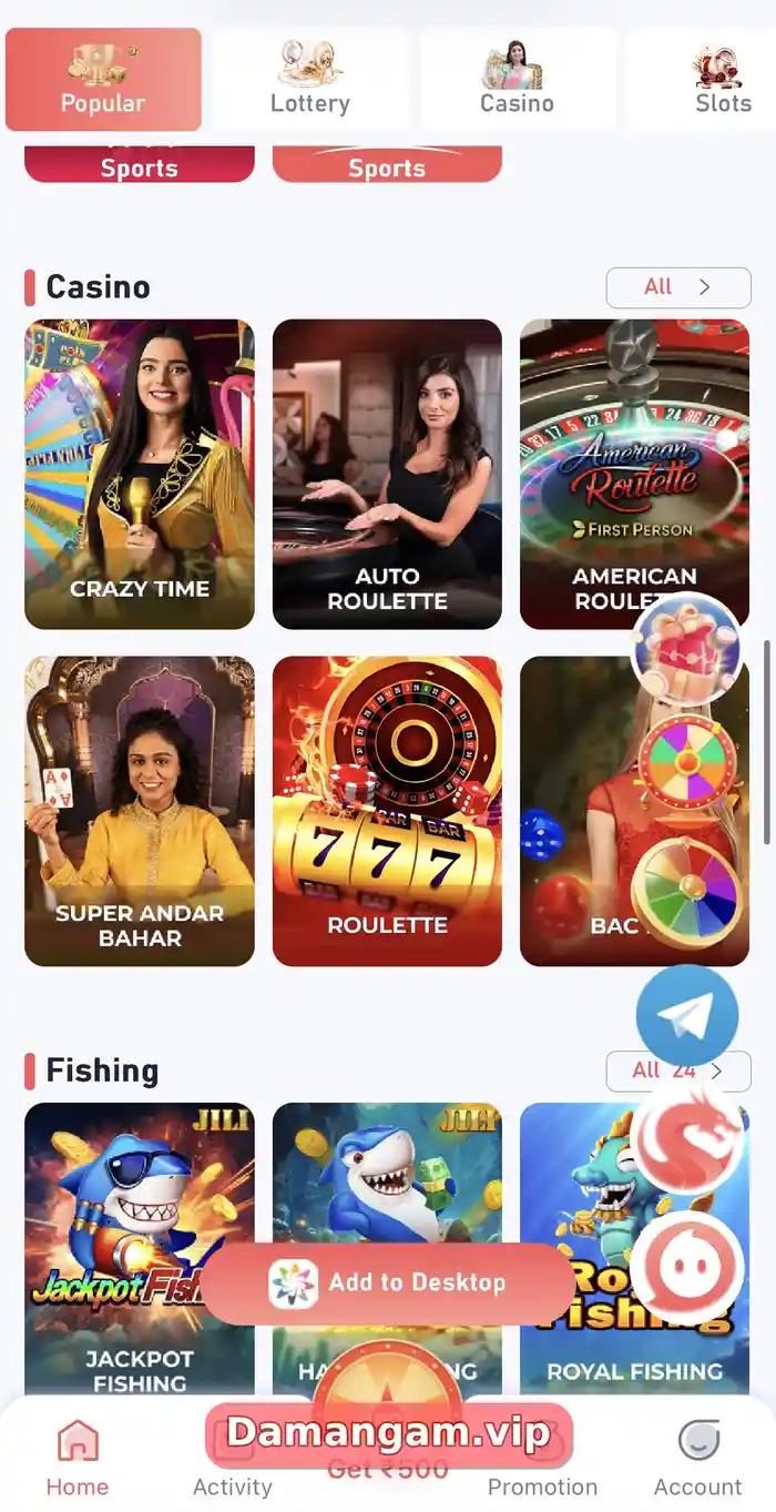 Daman Casino section with Crazy Time, Auto Roulette, American Roulette First Person, Super Andar Bahar, Roulette and Bac Bo tiles