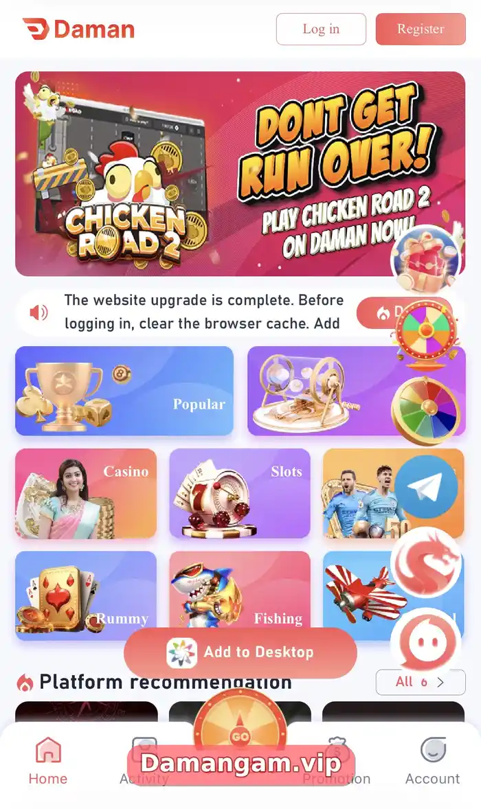 Daman Games web home page showing Log in and Register buttons at the top, a Chicken Road 2 banner and the website upgrade notice