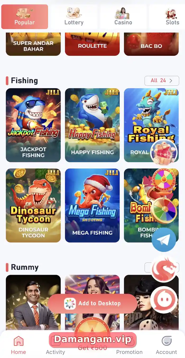 Daman Fishing section showing All 24 with Jackpot Fishing, Happy Fishing, Royal Fishing, Dinosaur Tycoon, Mega Fishing and Bombing Fishing by JILI