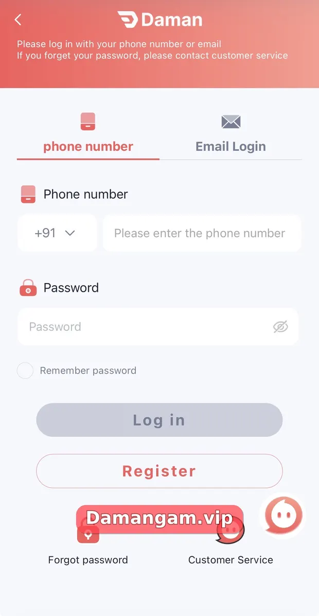 Daman login screen with phone number and Email Login tabs, +91 country code, password field, Log in and Register buttons
