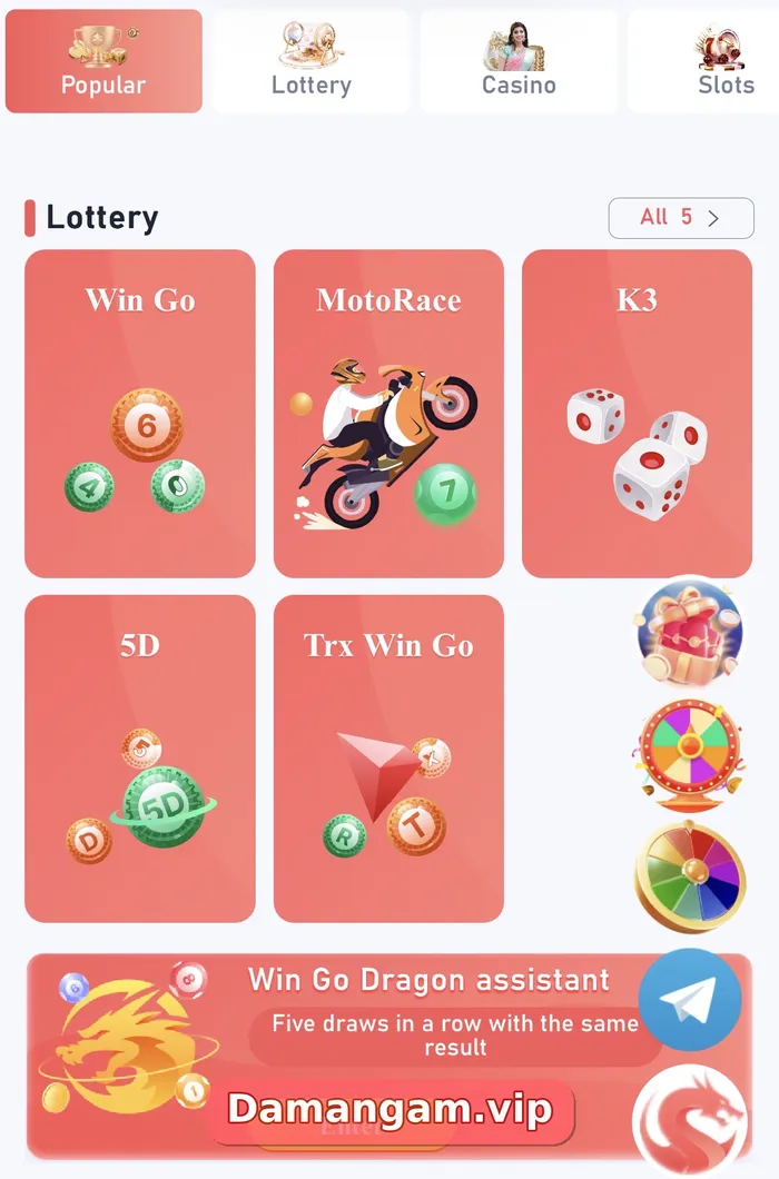 Daman K3 lottery tile with three white dice in the Lottery section next to Win Go and MotoRace