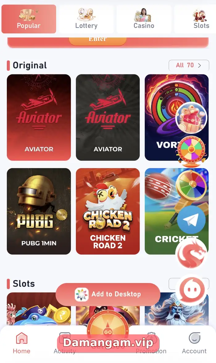 Daman Original section showing All 70 with Aviator, Aviator, Vortex, PUBG 1MIN, Chicken Road 2 and Cricket tiles