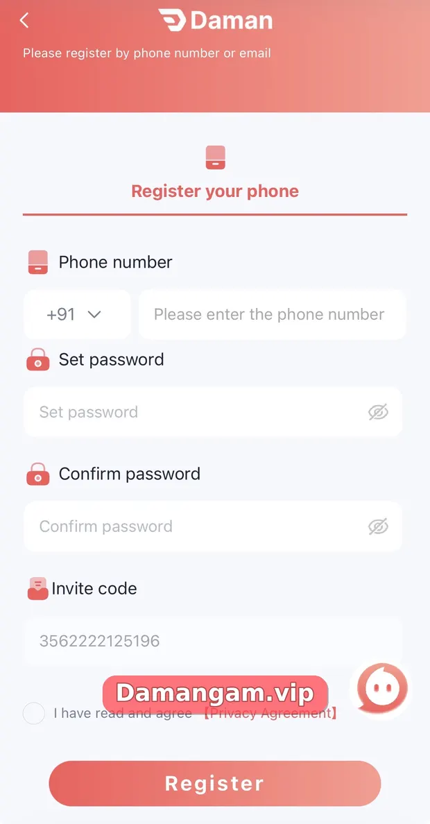 Daman Register your phone form with +91 phone number, Set password, Confirm password, invite code 3562222125196 and Privacy Agreement checkbox