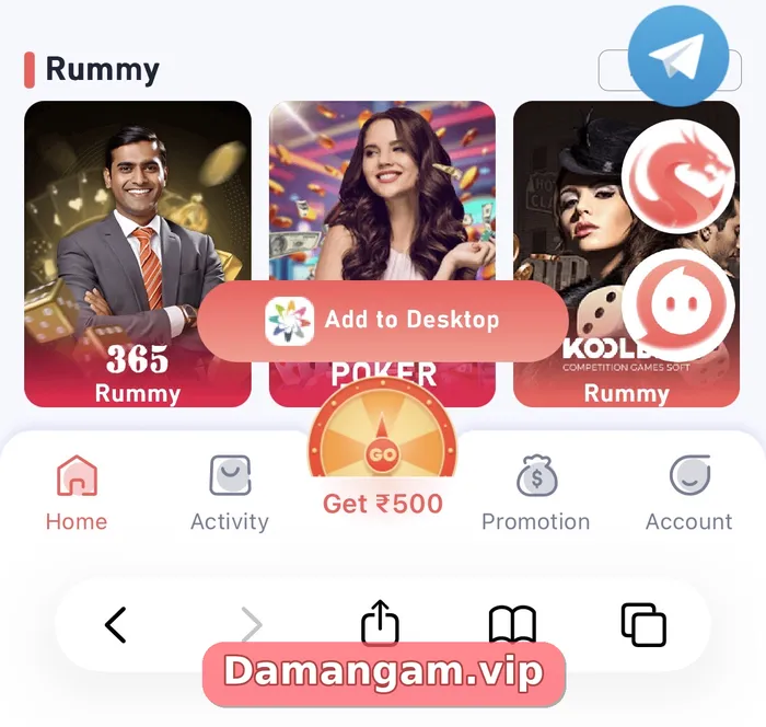 Daman Rummy section with 365 Rummy, Poker and KOOL Rummy tiles above the bottom menu with Get ₹500 button