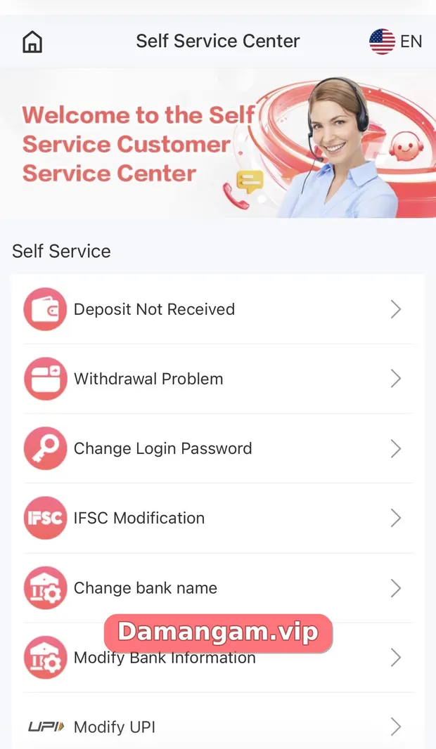 Daman Self Service Center showing Withdrawal Problem, IFSC Modification, Change bank name, Modify Bank Information and Modify UPI options