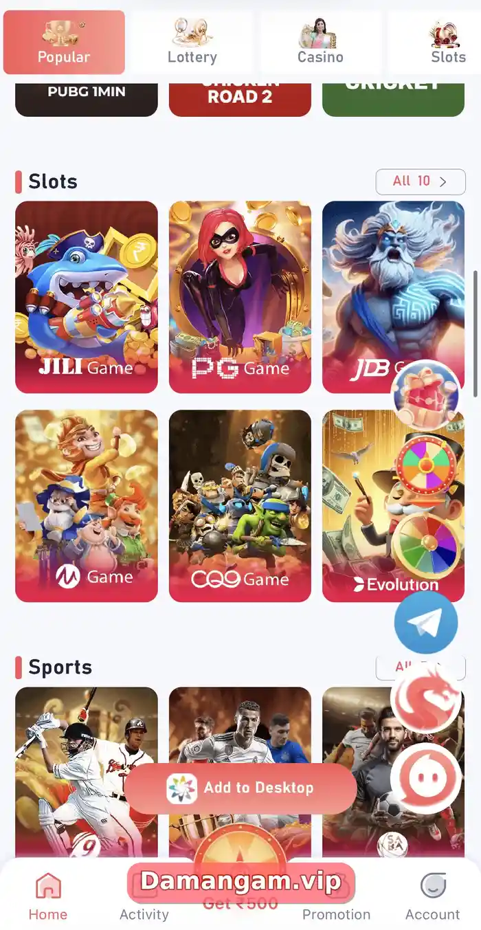 Daman Slots section showing All 10 with JILI Game, PG Game, JDB Game, MG Game, CQ9 Game and Evolution provider tiles