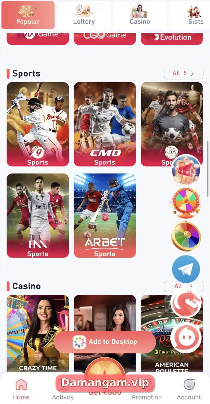 Daman Sports section showing All 5 with sports provider tiles for CMD, SABA, IM and ARBET featuring cricket and football players